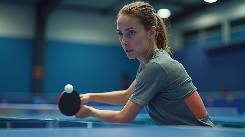 Professional table tennis player practicing backhand shot with focused concentration at training facility