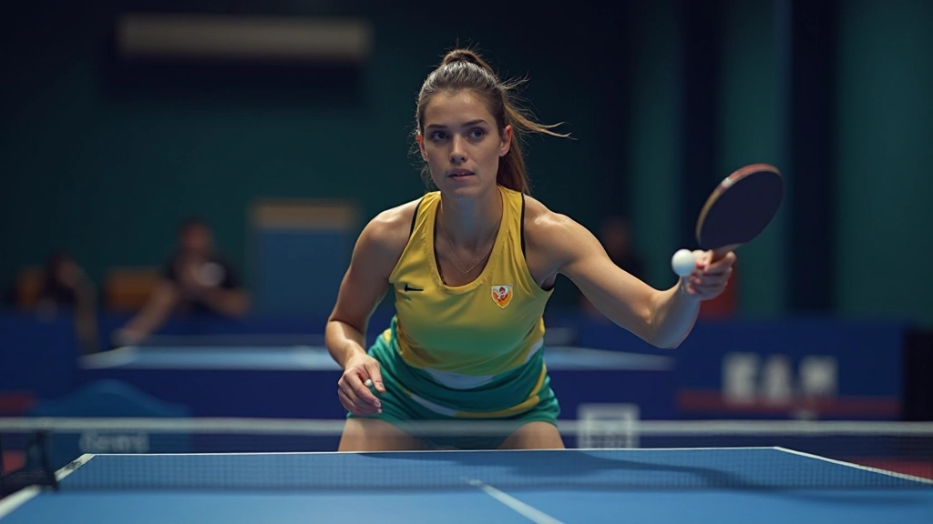 لاعبة تنس طاولة تؤدي ضربة خلفية بتوازن مثالي