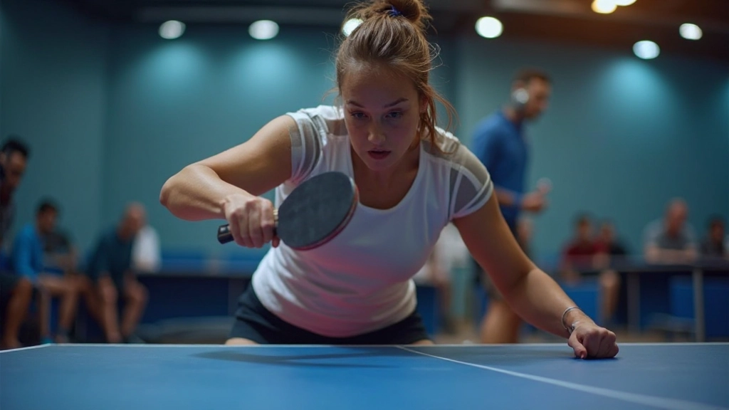 لاعب يؤدي الضربة الأمامية في التنس الطاولة بتقنية احترافية