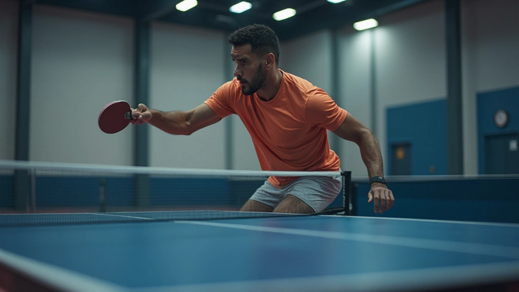 لاعب تنس طاولة محترف يؤدي ضربة أمامية قوية خلال جلسة تدريب مكثفة