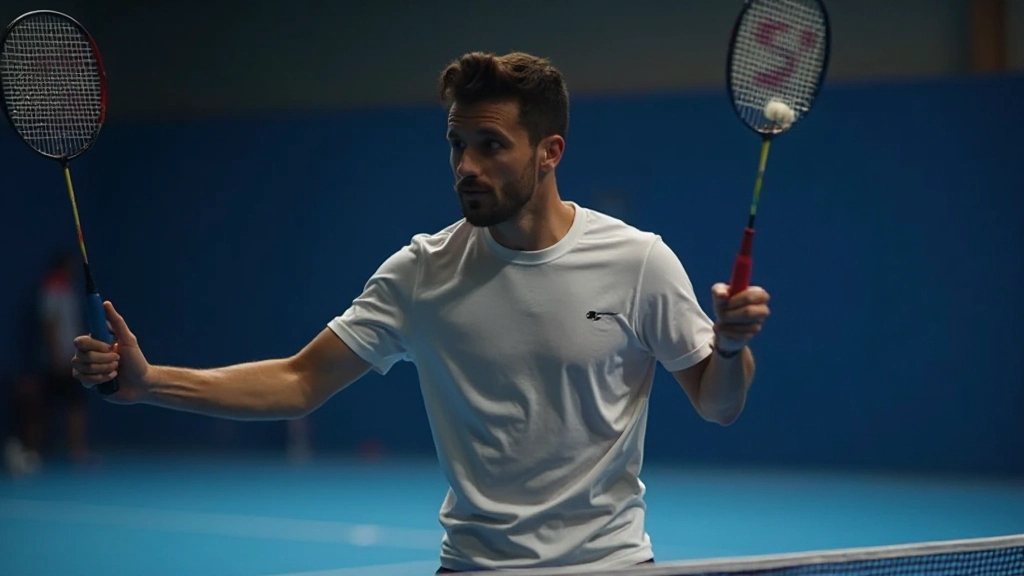 لاعب ريشة طائرة يوضح القبضة الصحيحة والوقفة الأساسية