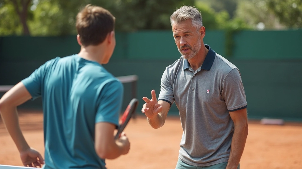 Tennis coach instructing young player on proper serving technique on outdoor clay court