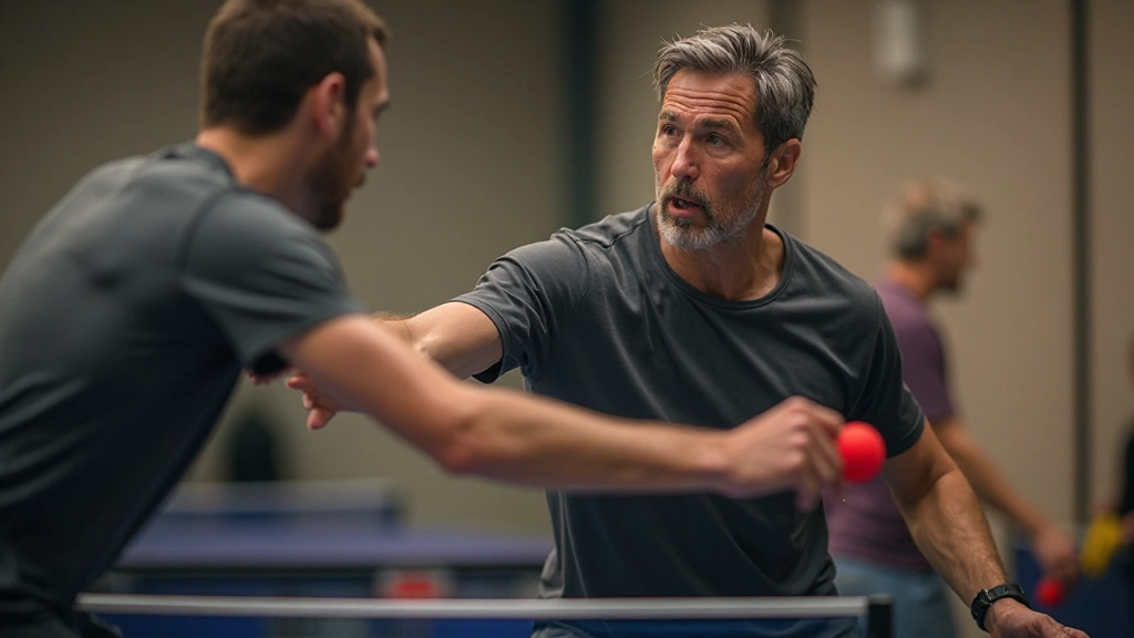 مدرب التنس الطاولة يوضح الوقفة الصحيحة والتوازن للاعب شاب أثناء التدريب