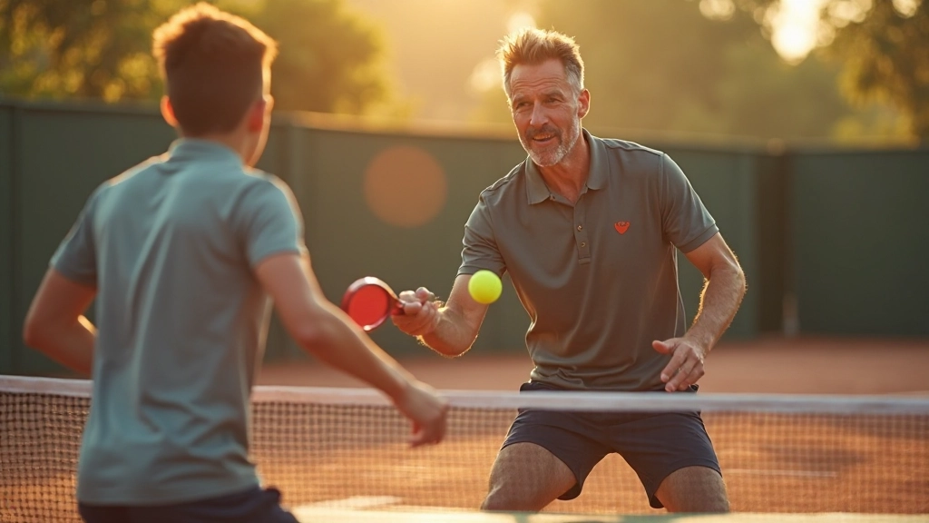 مدرب تنس محترف يرشد لاعباً شاباً على تقنية الإرسال الصحيحة على ملعب طيني خارجي